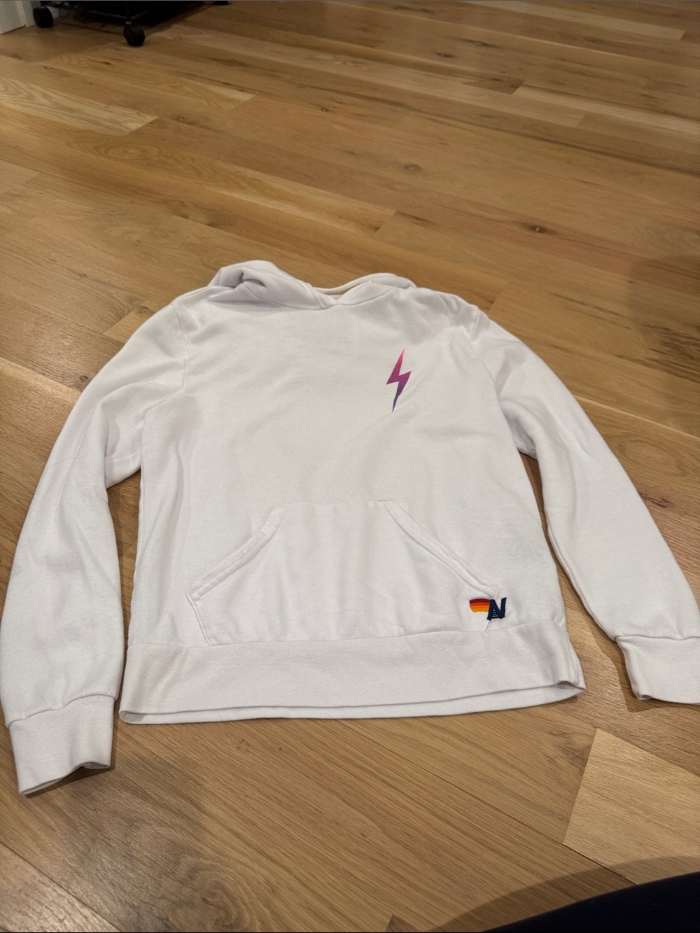 Aviator Nation White Pullover Hoodie with Pink Lightning Bolt